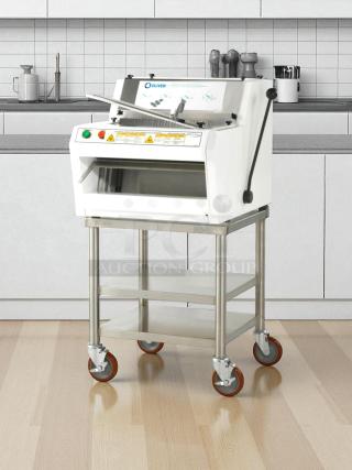 Like new Oliver 732-N front-load bread slicer with bagging scoop, 115v, stainless steel stand, tested and working.
