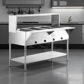 Avantco STE-4SGA four-pan electric steam table with undershelf, sneeze guard, tested and working, 120V.
