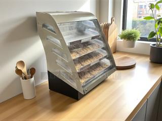 Stainless steel Subway cookie display case in excellent condition, compact, clean, showcasing arranged cookies.