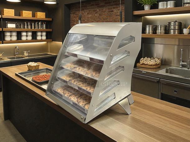 Subway stainless steel cookie display case, excellent condition, compact design, clear panels, multiple shelves, clean unit.
