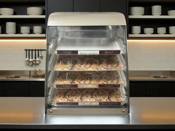 Subway S/s Cookie Display Case in excellent condition, compact design, clear front, three shelves labeled with cookie types.