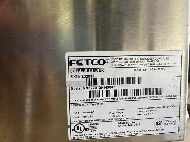 Fetco CBS-2032e coffee brewer in immaculate condition, twin 1-gallon capacity, 120/208 volts, tested and working.