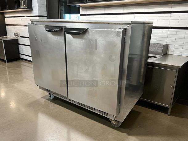 Beverage-Air UCR34HC 34" undercounter refrigerator, 2 sections, 2 doors, stainless steel, on casters, tested and working.