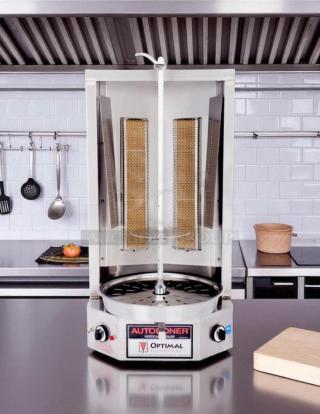 Optimal Automatics 3-PG Autodoner gas vertical broiler, 65 lb. capacity, 120v, in good condition, fully tested.