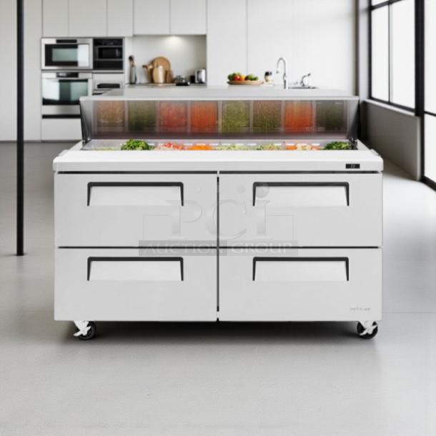 Turbo Air TST-60SD-D4-N undercounter refrigerator, 14.8 cu ft, with prep top, four drawers, fully tested and working.