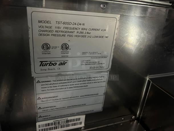 Turbo Air TST-60SD-D4-N refrigerator label showing model info, voltage specifications, ETL certifications, and safety warnings.