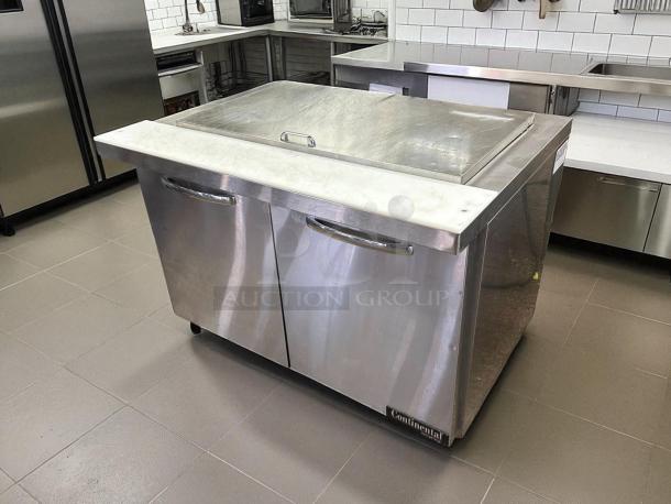 Continental SW48N18M 48" sandwich prep table with refrigerated base, excellent condition, stainless steel, fully tested.