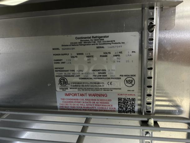 Continental SW48N18M 48" Sandwich/Salad Prep Table label, shows model, power specs, refrigerant type, and warnings.
