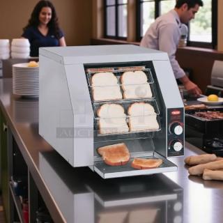 Hatco TQ-10 conveyor toaster, excellent condition, 300 slices/hr, 208V, fully tested, with visible control dials.