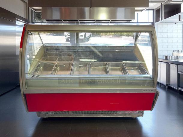 Oscartielle C83FK-9SC gelato case, 24 pan capacity, excellent condition, 220V, fully tested and working, red exterior.