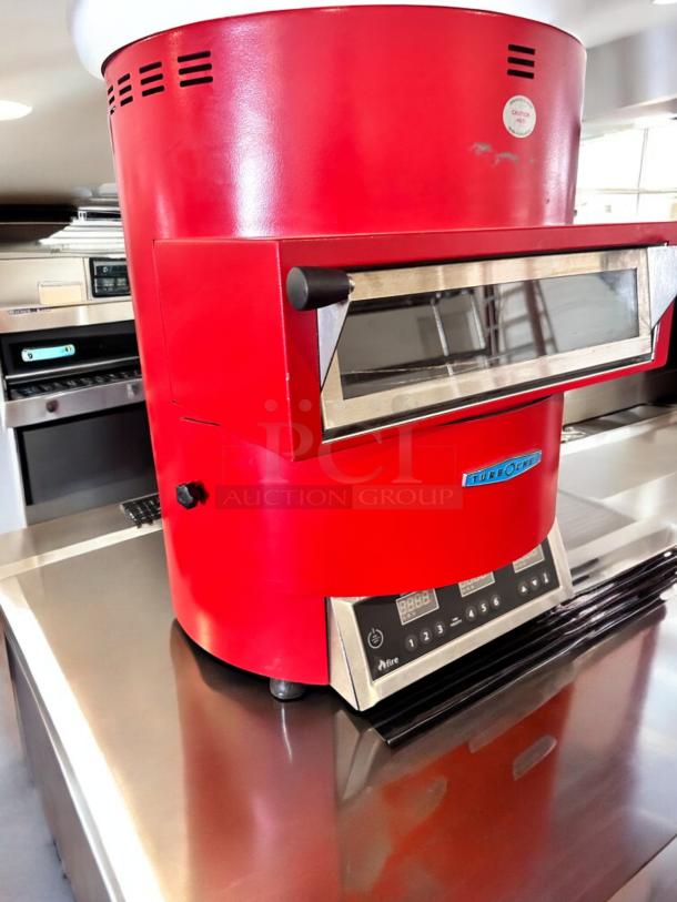 TurboChef Fire high-speed pizza oven in excellent condition, red exterior, 240V, digital display, fully tested and working.