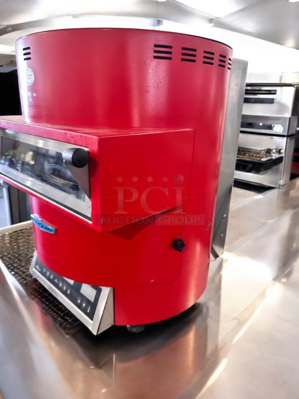 TurboChef Fire high-speed pizza oven, red, 240V, excellent condition, fully tested, with control panel and vent slots.