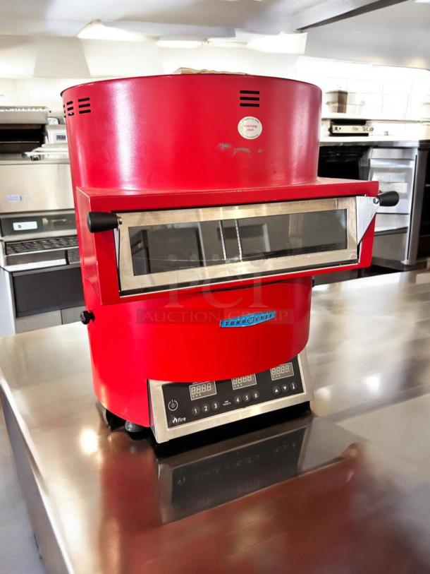 TurboChef Fire high-speed pizza oven, 240V, excellent condition, tested and fully working, red color, digital controls.