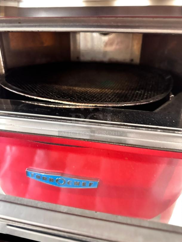 TurboChef Fire high-speed pizza oven in excellent condition, 240V, fully tested, red exterior with TurboChef logo.