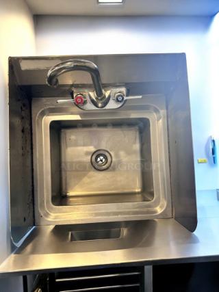 Stainless steel wall-mount hand sink with faucet, excellent condition, fully tested and cleaned.