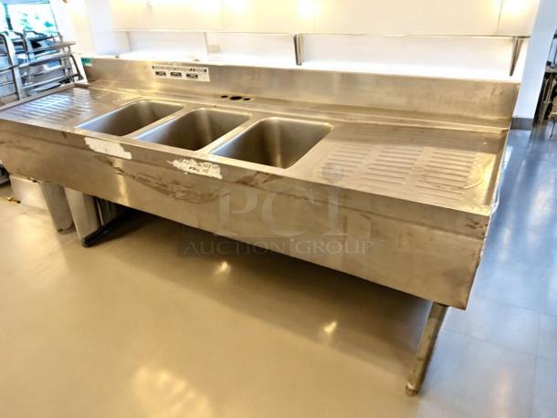 Supreme Metal 3-compartment underbar sink with dual drainboards, excellent condition, NSF certified, fully tested.