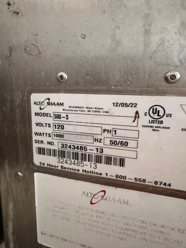 Alto-Shaam 500-S low-temp holding cabinet label, 120V, 1000W, excellent condition, fully tested and working. Serial No: 3243485-13.