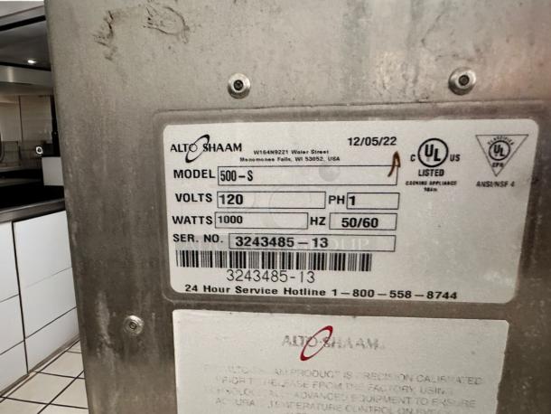 Alto-Shaam 500-S low-temp holding cabinet label showing model, voltage, wattage, and UL certification, in excellent condition.