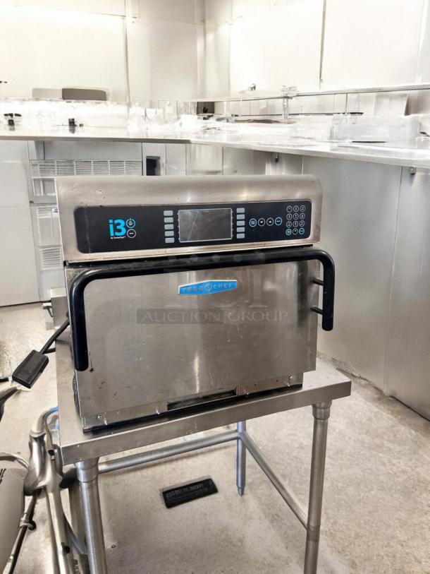 TurboChef I3 high-speed convection microwave oven in excellent condition on a stainless steel table, 208/240V, fully tested.
