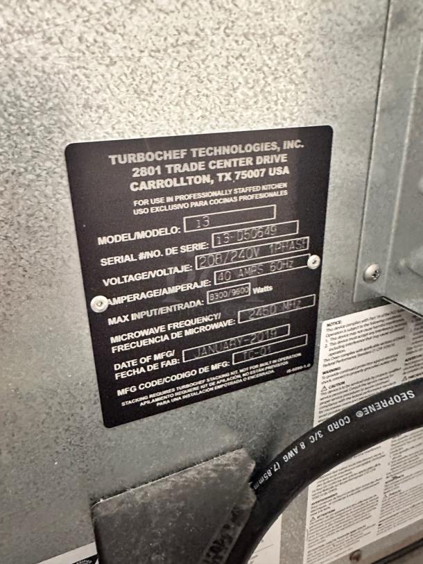 TurboChef I3 convection microwave label showing model, voltage 208/240V, and serial number. Excellent condition.
