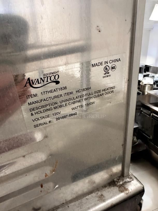 Avantco HC1836H heated holding cabinet, excellent condition, 120V, 1500W, serial 201607-0842, label visible, fully tested.