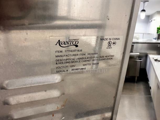 Avantco HC1836H heated holding cabinet, full-size, 120V, 1500W, excellent condition, clear door, serial #201607-0842.