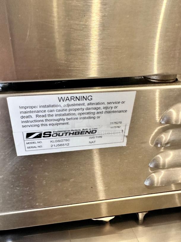Southbend KLG/27SC double deck convection oven, excellent condition, natural gas, fully tested, warning label visible.