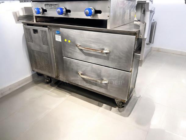 Randell refrigerated chef base, 48", stainless steel, 2 drawers, excellent condition, fully tested, on casters.