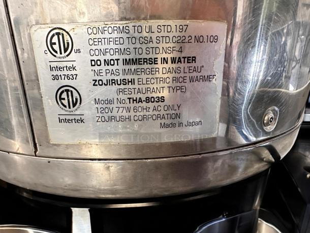 Zojirushi THA-803S electric rice warmer, 120V, excellent condition, fully tested, label shows UL certification, Made in Japan.