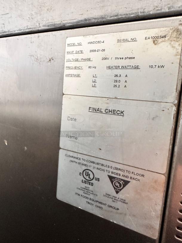 Middleby Marshall HWDO3D-4 double deck pizza oven label showing model, serial number, and specs. Excellent condition.