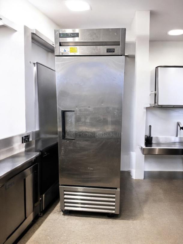 True T-23F-HC single door commercial freezer, excellent condition, stainless steel, tested, 115V, prominent True logo.