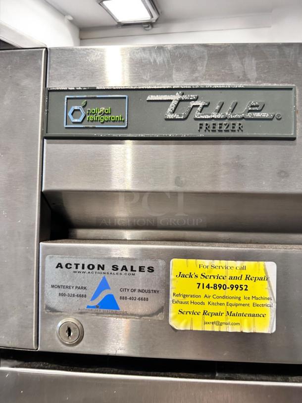 True T-23F-HC single door commercial freezer in excellent condition with natural refrigerant label. Includes service stickers.