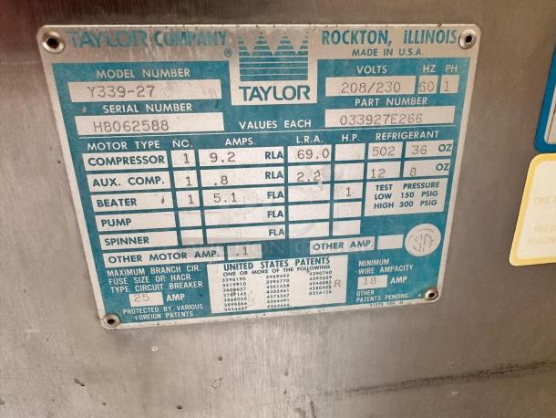 Taylor Y339-27 soft serve ice cream machine label; excellent condition, 208/230V, fully tested, serial H8062588.