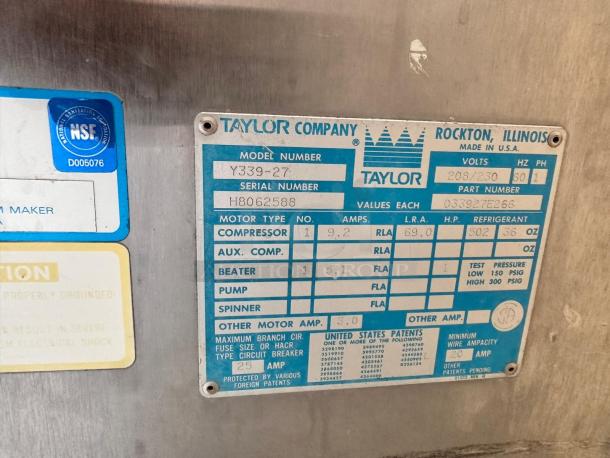 Taylor Y339-27 soft serve ice cream machine in excellent condition, 208/230V, fully tested. NSF certified label visible.