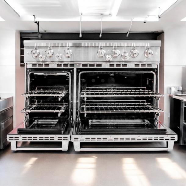 Brand new American Range ARR-488DF-N stove, features 8 sealed gas burners, dual ovens, natural gas, stainless steel finish.