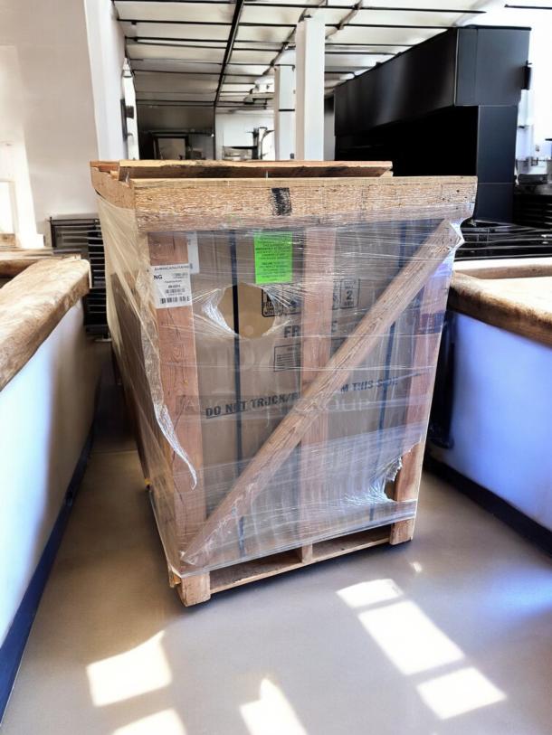 Brand new American Range ARR-488DF-N in crate; features 8 sealed gas burners, natural gas; packaging intact.