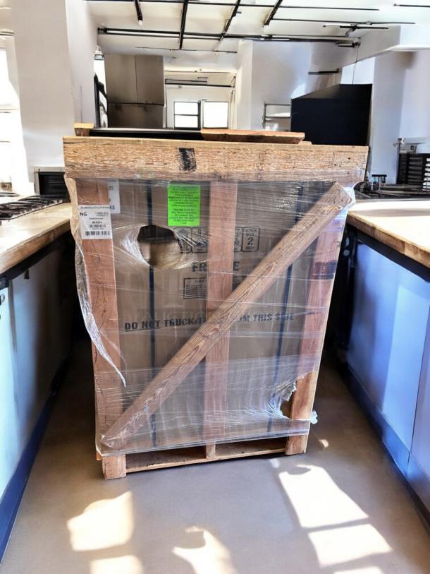 Brand new American Range ARR-488DF-N with 8 sealed gas burners, natural gas, in original crate with visible labels and instructions.