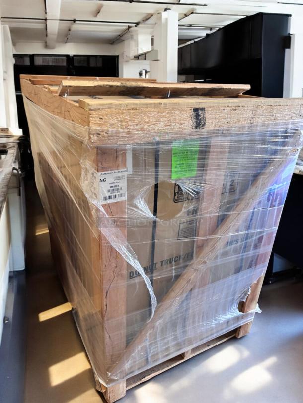 Brand new American Range ARR-488DF-N with 8 sealed gas burners, natural gas, still in crate, visible labels and markings.