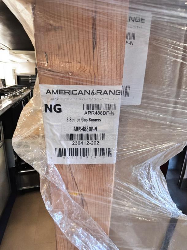 Brand new American Range ARR-488DF-N with 8 sealed gas burners, natural gas, in crate with labels showing model and specs.