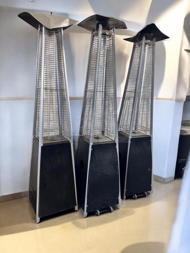 Three Foowin outdoor patio heaters, 48,000 BTU, models CAPH-GT-S-MOCHA, CAPH-GT-S-SB, CAPH-GT-S-HB, excellent condition.