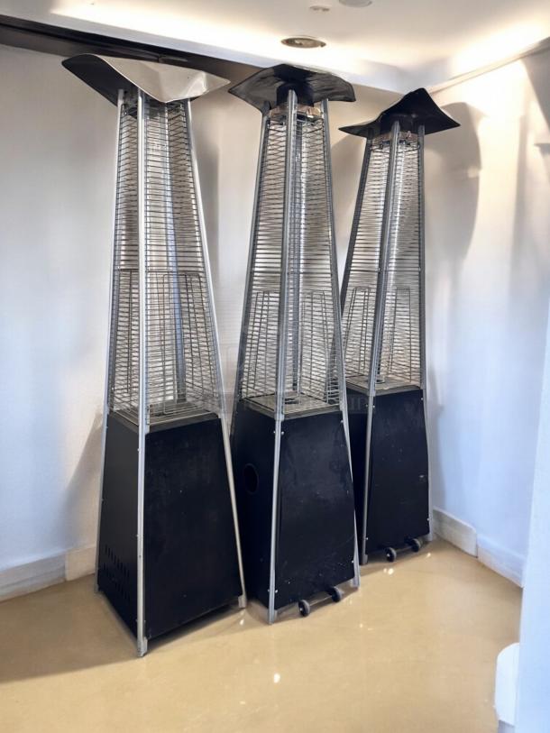 Foowin outdoor patio heaters, excellent condition, models CAPH-GT-S-MOCHA/SB/HB, 48,000 BTU, quantity 3, fully operational.