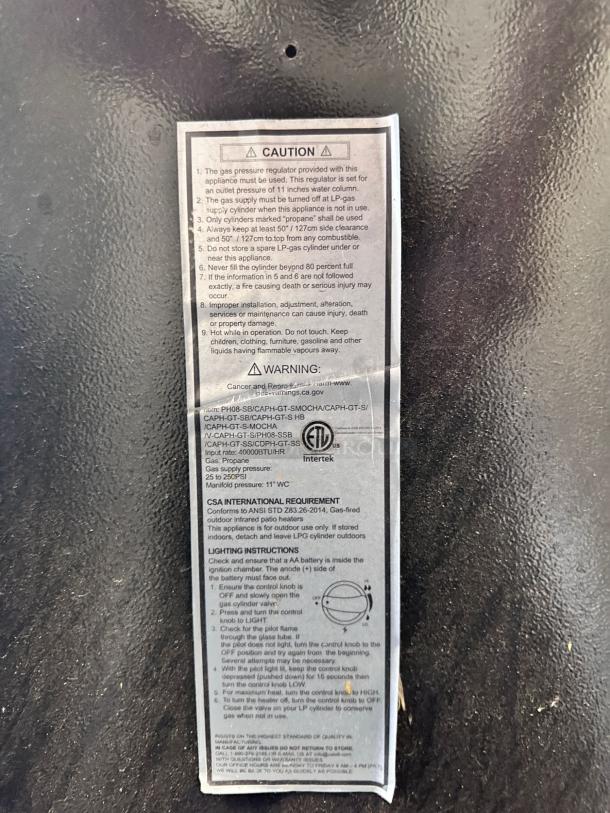 Label on Foowin patio heater, models CAPH-GT-S-MOCHA/SB/HB, 48,000 BTU, gas specifications, safety, and lighting instructions.
