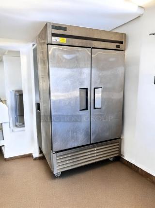 True T-43-HC commercial refrigerator, 2-door, stainless steel, excellent condition, 115V, fully tested, on casters.