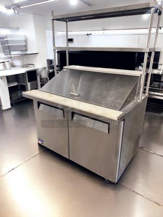 Turbo Air MST-48-N prep table with 2 doors, overshelf, in excellent condition, 115V, fully tested, stainless steel.