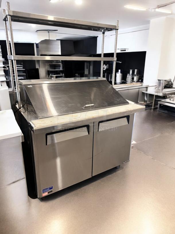 Turbo Air MST-48-N 2-Door Sandwich Prep Table with overshelf, excellent condition, stainless steel, fully tested, 115V.