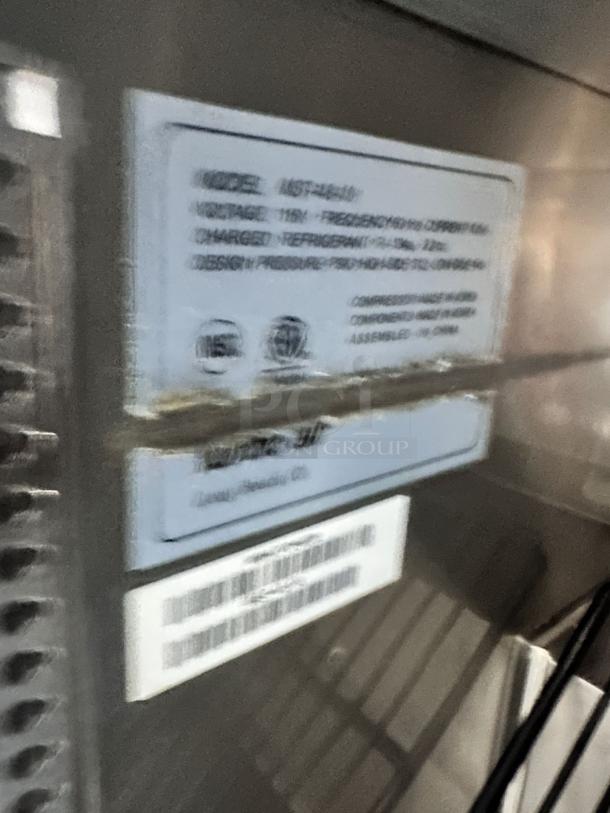 Turbo Air MST-48-N sandwich prep table label. Model and voltage details visible, indicating 115V operation.