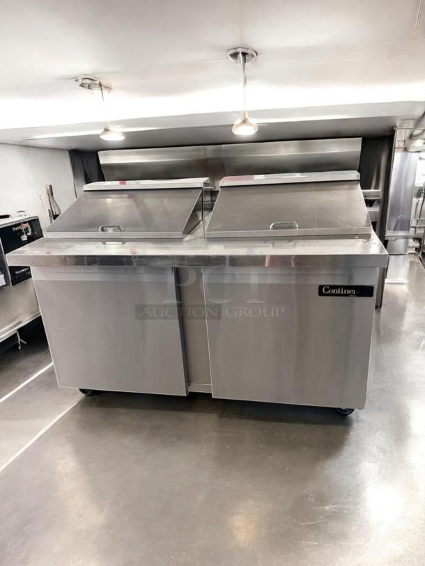 Continental SW60-24M 60" sandwich prep table refrigerator in excellent condition, featuring dual lids, tested and fully operational.