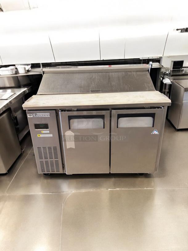 Everest EPR2 2-Door Sandwich Prep Table, excellent condition, stainless steel, tested, 115V power, visible branding.