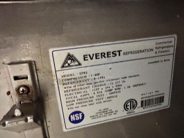 Everest EPR2 Sandwich Prep Table label, showing model, specs, and NSF certification, indicating excellent condition and reliability.