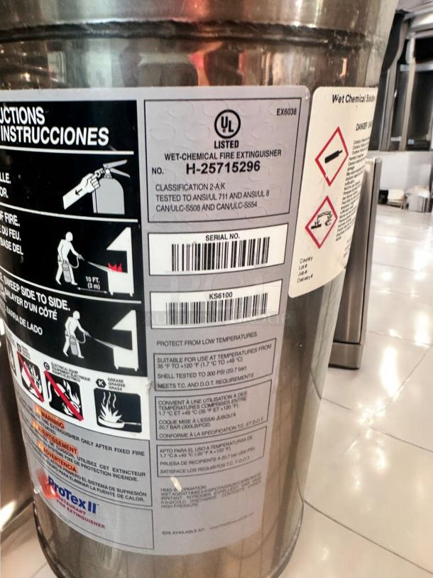 ProTex II KS6100 wet chemical fire extinguisher in stainless steel; excellent condition; fully tested and operational; UL listed.